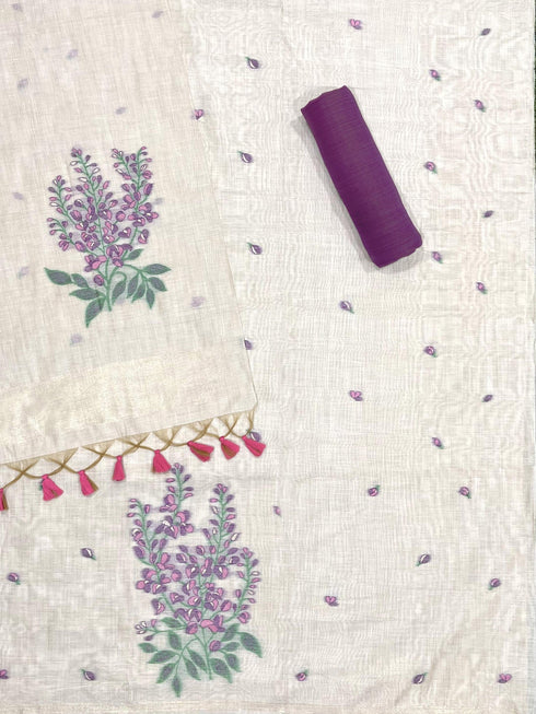 Show Stopper Beige & Lavender Jamdani Muga Cotton Unstitched Suit Set